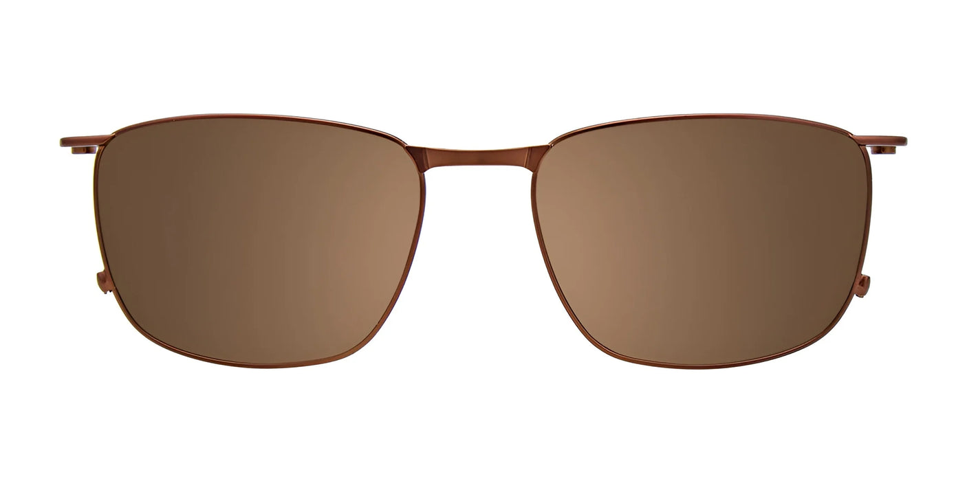 The EasyClip EC588 Eyeglasses with Clip-on Sunglasses, featuring a sleek and thin metal frame in a brown hue and dark polarized lenses, rest elegantly on a white background, providing both clear vision and UV protection for sunny days.