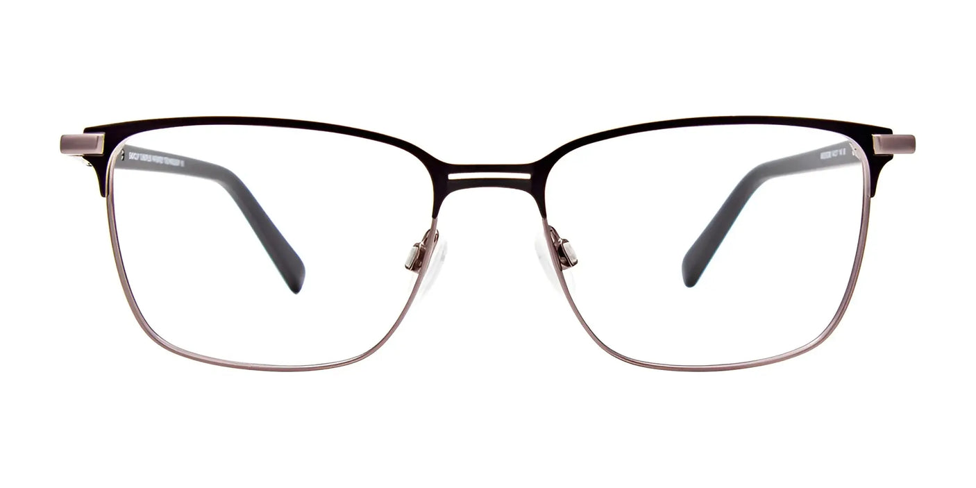 The EasyClip EC592 Eyeglasses with Clip-on Sunglasses offer a sleek, versatile design featuring thin metal frames and rectangular lenses when seen from the front, making them perfect for varied uses.