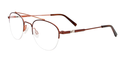 EasyClip EC594 Eyeglasses in brown, featuring metal rims and transparent lenses with dark temple tips, include a convenient clip-on sunglasses option for versatile wear.