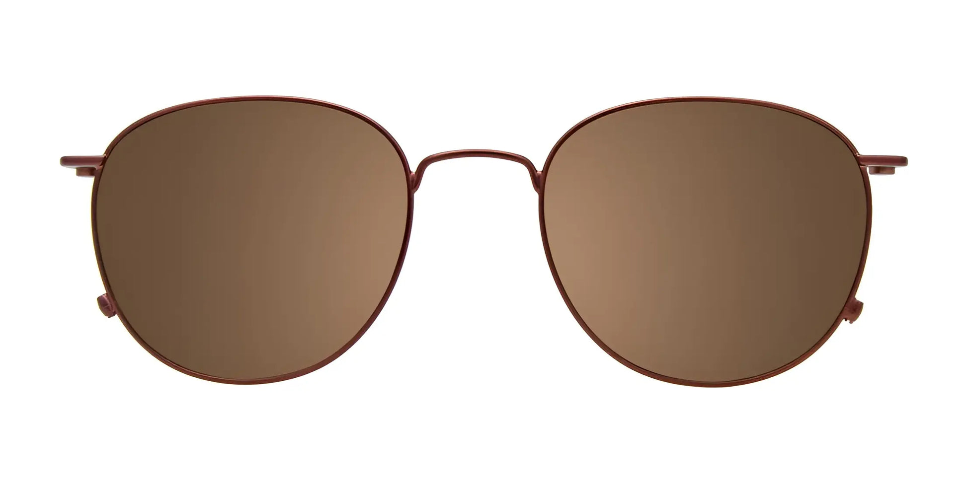 Featuring the EasyClip EC594 design, these brown oval eyeglasses with a thin metal frame are presented from the front on a white background. They include clip-on sunglasses for added convenience and style in a seamless package.