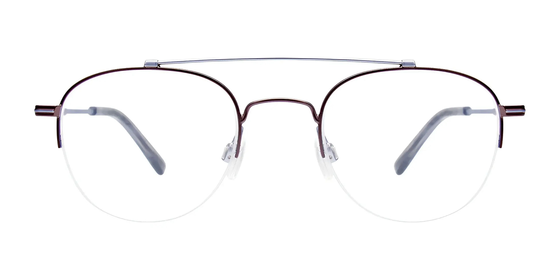 The EasyClip EC594 Eyeglasses with Clip-on Sunglasses boast a thin metal frame and clear lenses, elegantly showcased from the front against a white background.