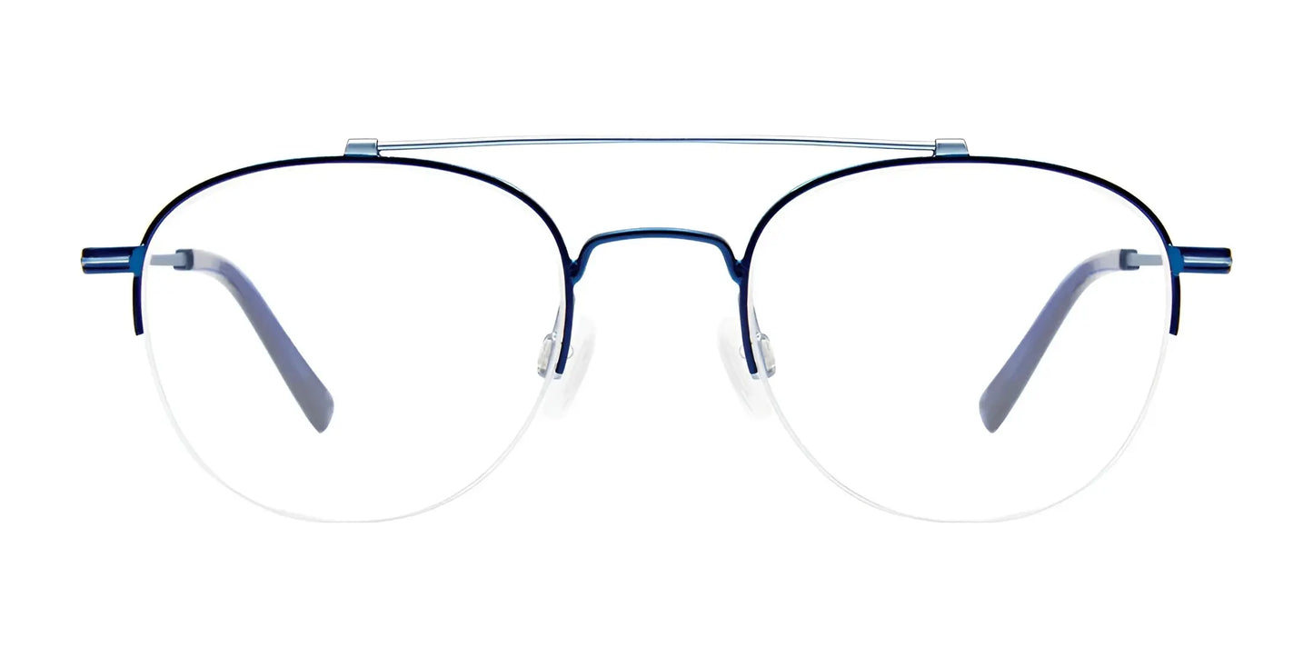 Close-up of EasyClip EC594 Eyeglasses with Clip-on Sunglasses in blue-rimmed design, featuring a top bar on a white background.