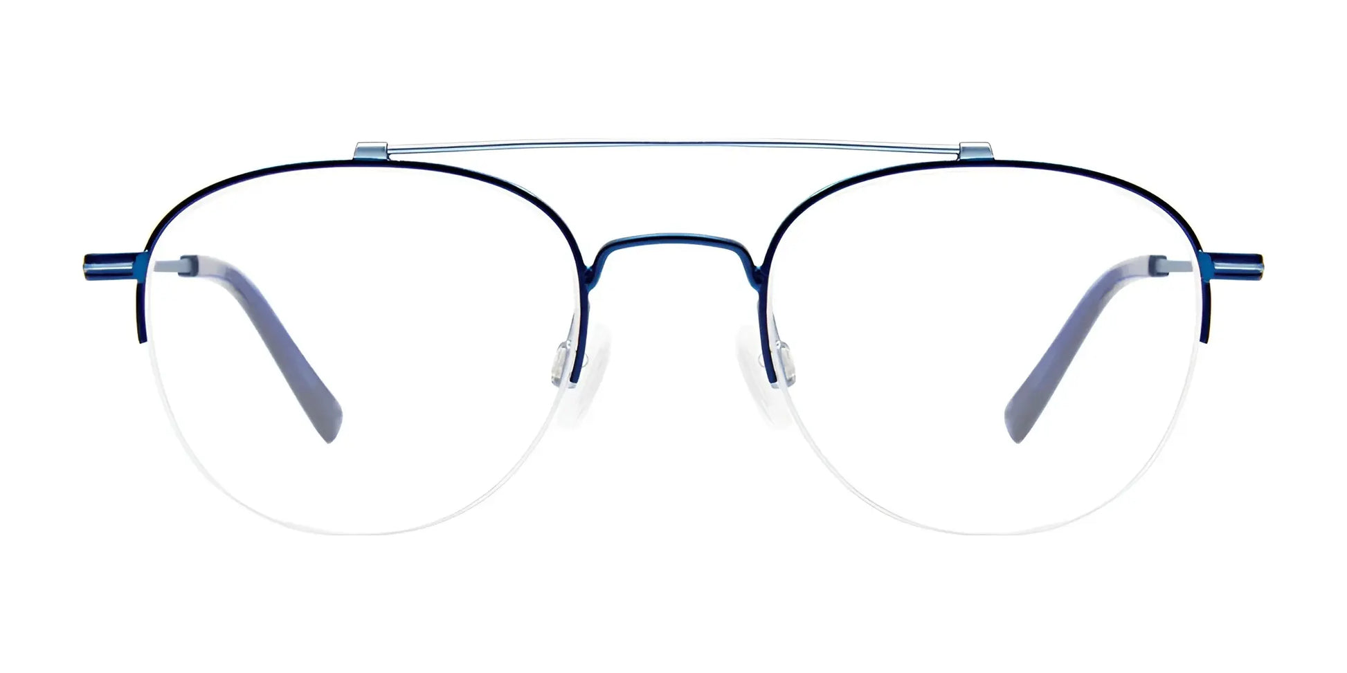 Close-up of EasyClip EC594 Eyeglasses with Clip-on Sunglasses in blue-rimmed design, featuring a top bar on a white background.