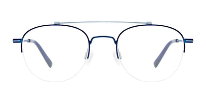 Close-up of EasyClip EC594 Eyeglasses with Clip-on Sunglasses in blue-rimmed design, featuring a top bar on a white background.