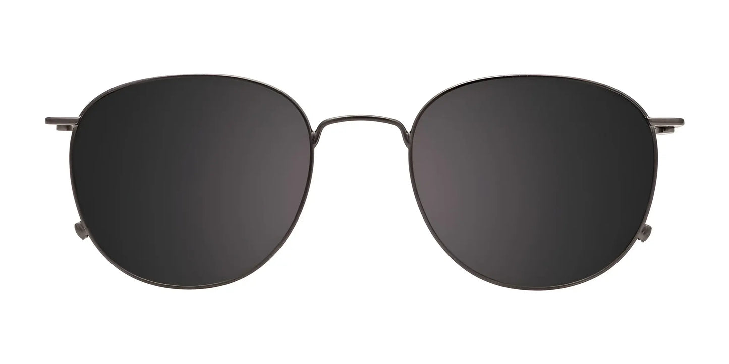 The EasyClip EC594 Eyeglasses with Clip-on Sunglasses, available in size 48 and color number 020, showcase a sleek black metal frame with oval-shaped dark lenses when viewed from the front, providing a modern twist on clip-on sunglasses.