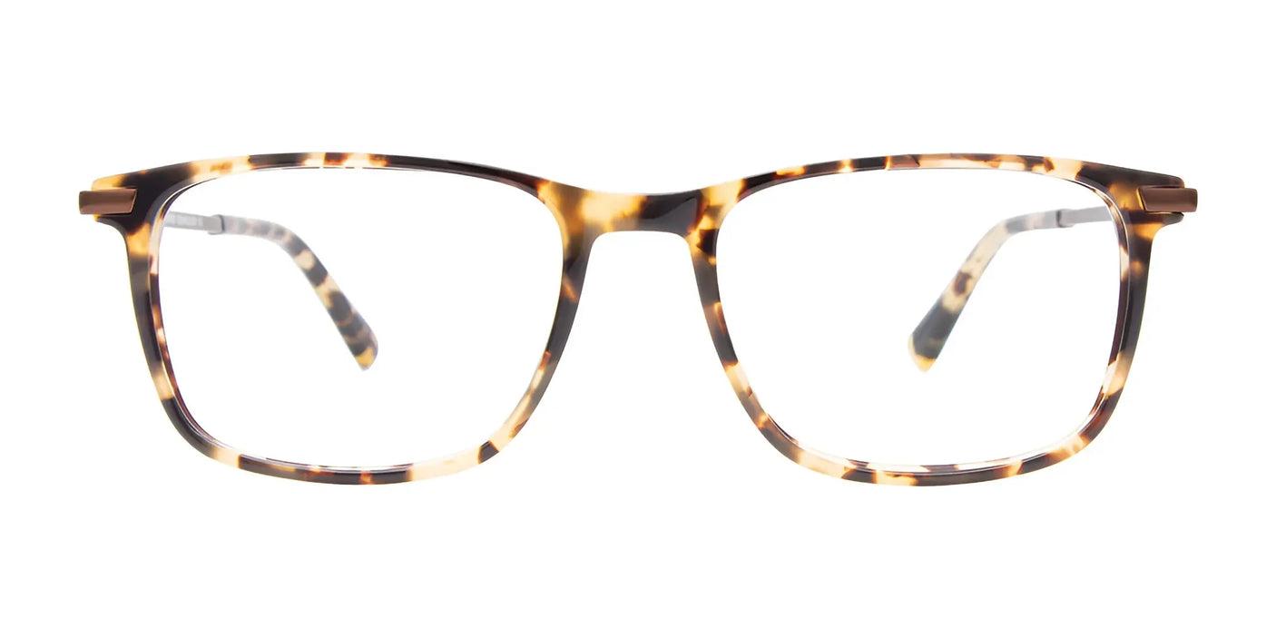 The EasyClip EC595 eyeglasses with a tortoiseshell rectangular frame and clear lenses offer a versatile design, beautifully viewed from the front.