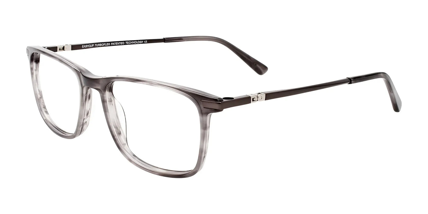 Clear EasyClip EC595 plastic rectangular eyeglasses featuring dark gray temples and silver hinges, displayed on a white background.