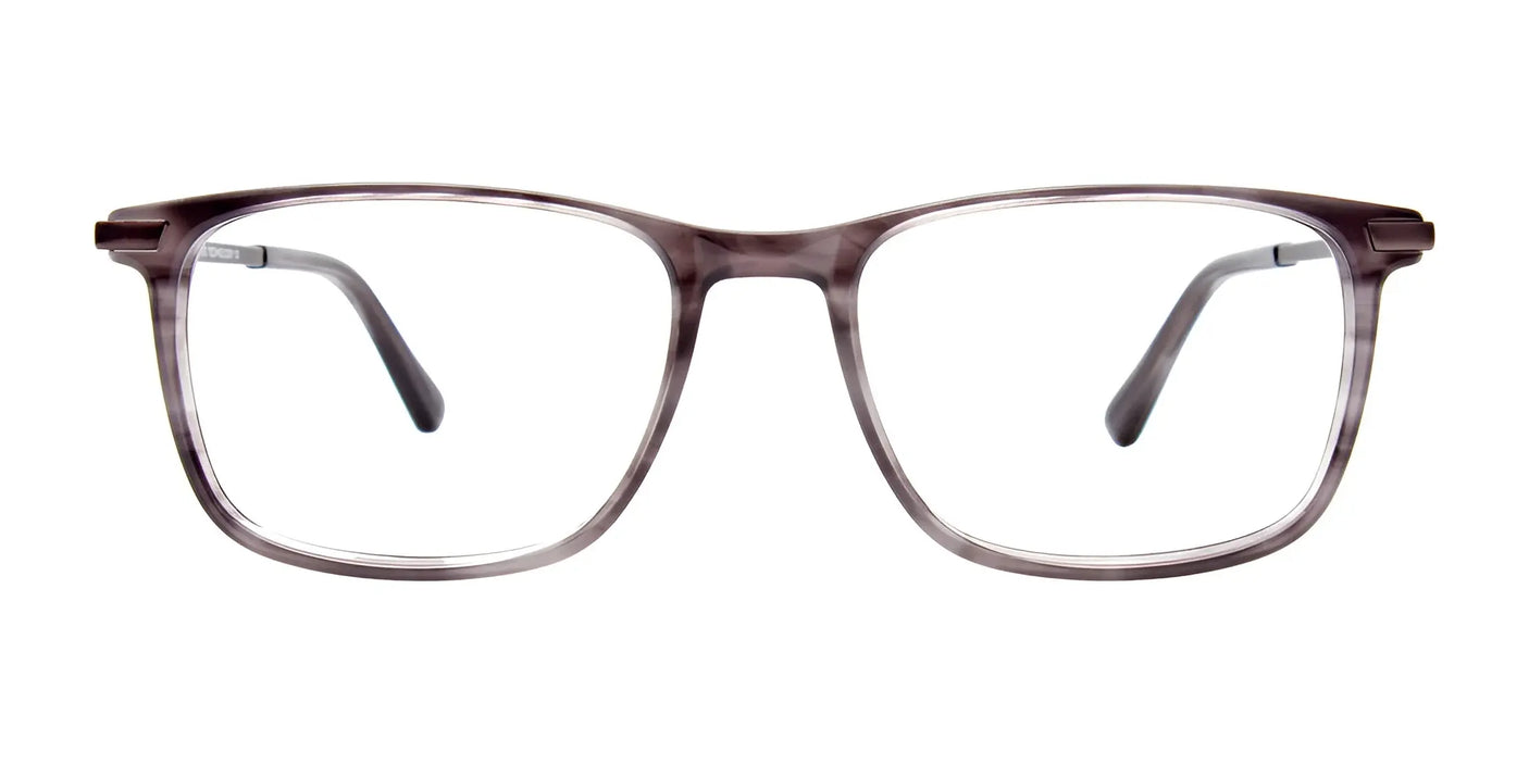 The EasyClip EC595 Eyeglasses with Clip-on Sunglasses feature rectangular, transparent gray lenses and thin frames. Seen from the front against a white backdrop, these glasses effortlessly transform into sunglasses with clip-on options, offering a stylish look.