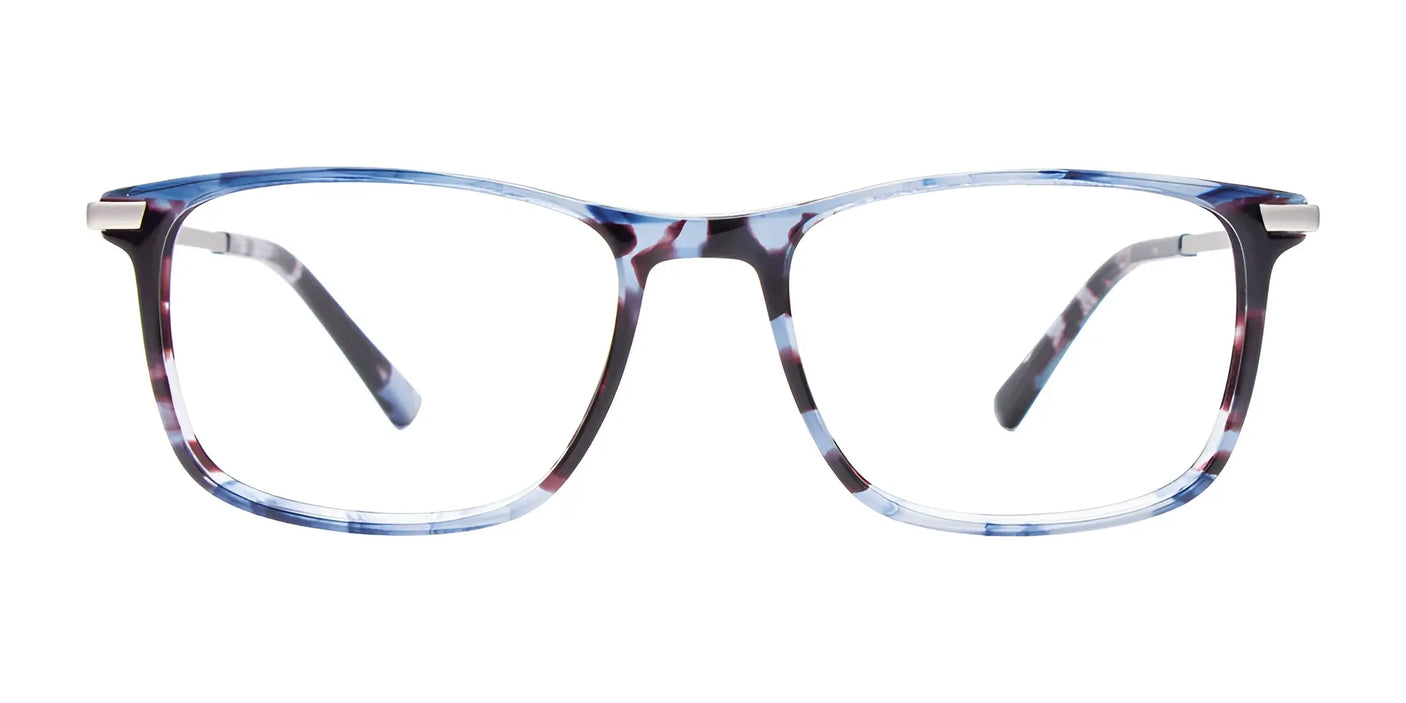 Explore the EasyClip EC595 Eyeglasses, showcasing a distinctive blue and maroon marbled design with rectangular lenses. These frames seamlessly transform into polarized clip-on sunglasses, offering both style and convenience in one elegant package.