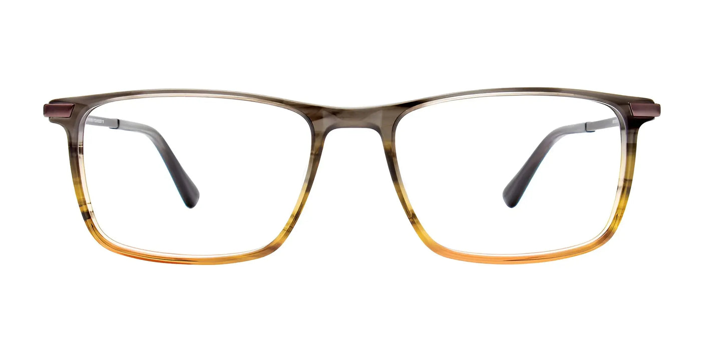 Rectangular brown gradient eyeglasses designed with a sleek style and EasyClip technology, shown against a white background. This is the EasyClip EC597 Eyeglasses with Clip-on Sunglasses in Size 54.