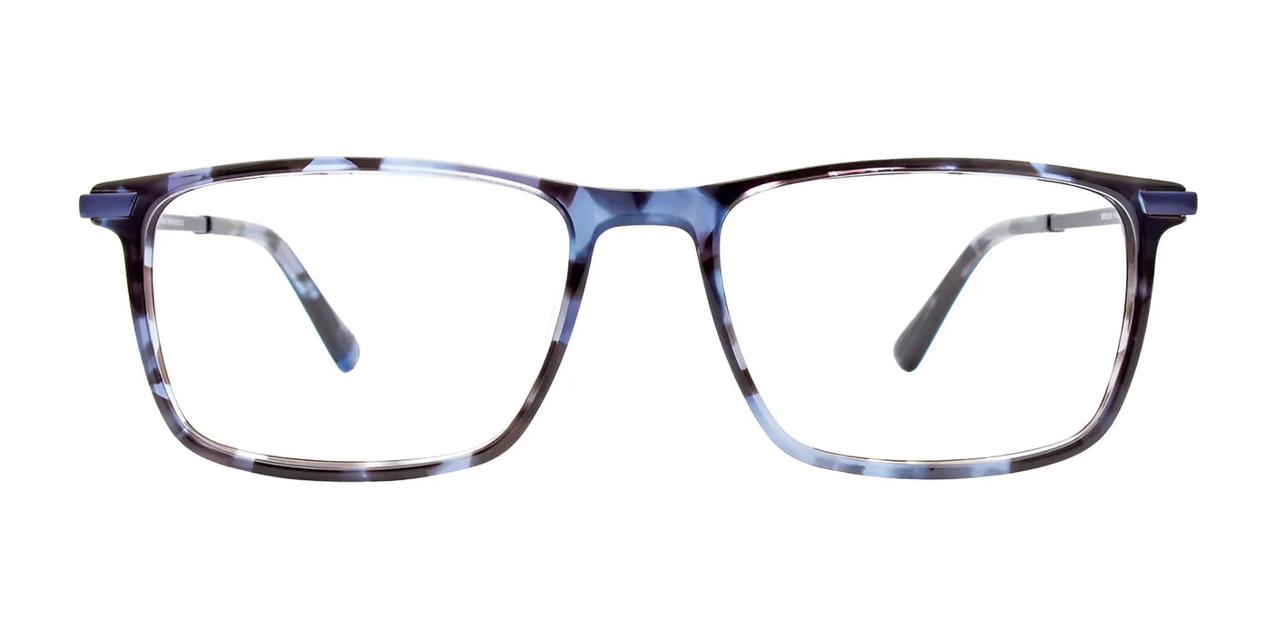 The EasyClip EC597 Eyeglasses in size 54 boast a rectangular design with a blue and black marbled pattern on the frame, utilizing EasyClip technology for effortless conversion into chic sunglasses.