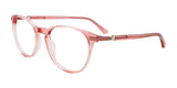 The EasyClip EC601 Eyeglasses in pink, featuring round lenses and thin arms against a white backdrop, are elegantly complemented by the detachable clip-on sunglasses that seamlessly convert them for outdoor use.