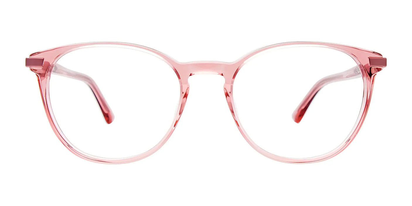 A front-view of transparent pink eyeglasses with round lenses, expertly crafted to complement the EasyClip EC601 Eyeglasses with Clip-on Sunglasses for a versatile style.