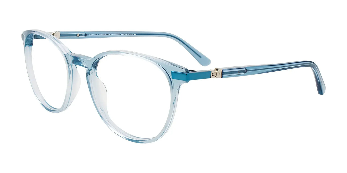 EasyClip EC601 Eyeglasses with Clip-on Sunglasses, featuring a blue, round frame design and slender temples, displayed with clear lenses against a white background.