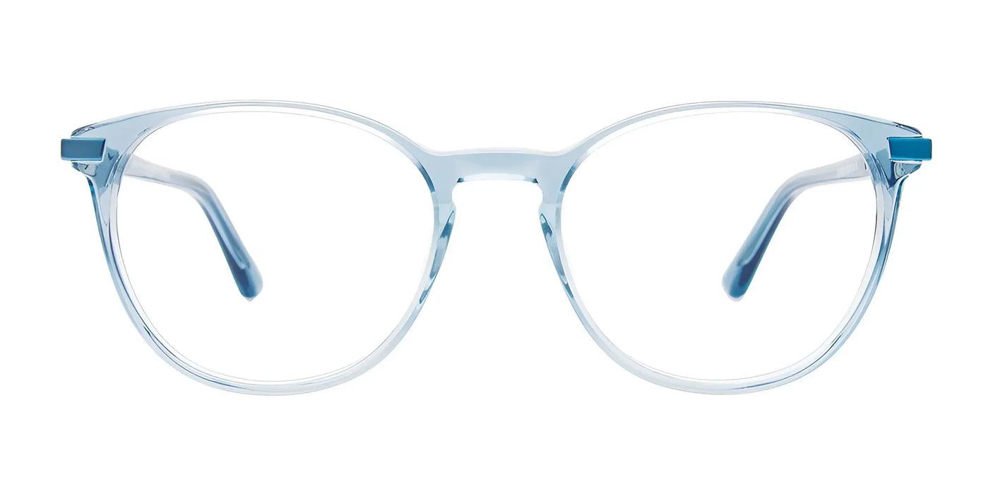 Sleek blue round eyeglasses with delicate frames, showcasing the versatile EasyClip EC601 Eyeglasses with Clip-on Sunglasses design, set against a white backdrop.