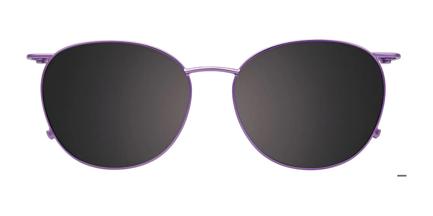 The EasyClip EC601 eyeglasses with clip-on sunglasses feature a stylish purple frame and dark round lenses, elegantly displayed on a white background. These polarized clip-ons from EasyClip guarantee both style and eye protection in every look.