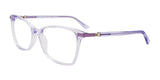 EasyClip EC602 eyeglasses feature clear purple square frames with metal hinges and transparent temples, providing the convenience of included clip-on sunglasses for any occasion.