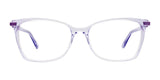 The EasyClip EC602 Eyeglasses feature clear rectangular frames with light purple accents on the temples, presented against a white background. These glasses provide a seamless transition to outdoor adventures with the optional clip-on sunglasses included.