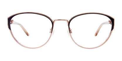 Front view of the EasyClip EC603 eyeglasses featuring a cat-eye design with gold and black accents, thin frames, and clear lenses.