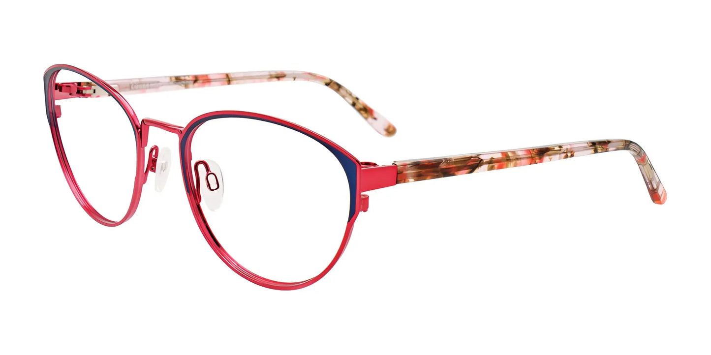 EasyClip EC603 Eyeglasses in size 55 offer effortless style with red cat-eye frames, patterned temples, and clear lenses.