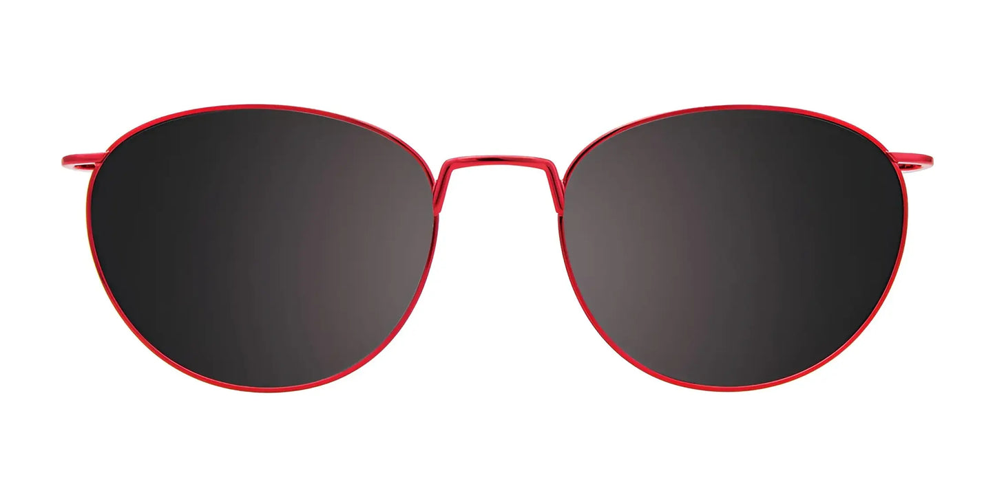 The EasyClip EC603 Eyeglasses with Clip-on Sunglasses, featuring a red frame and round shape with dark lenses, are elegantly displayed against a plain white background.