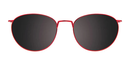 The EasyClip EC603 Eyeglasses with Clip-on Sunglasses, featuring a red frame and round shape with dark lenses, are elegantly displayed against a plain white background.