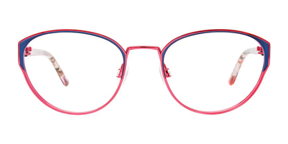 The front view of the red and blue cat-eye EasyClip EC603 eyeglasses, featuring clear lenses, offers a stylish transformation thanks to their clip-on sunglasses feature.