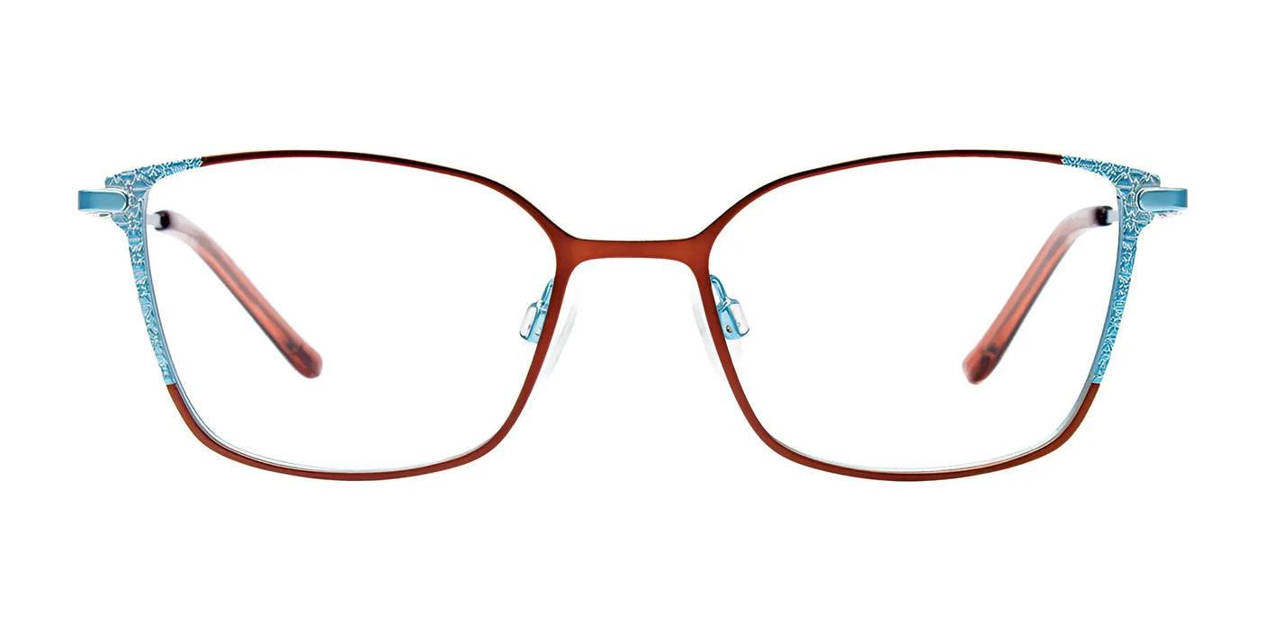 The EasyClip EC604 eyeglasses in size 50 showcase a brown rectangular frame with blue decorative accents on the temples, featuring a front-view convenient clip-on design.