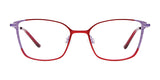 The EasyClip EC604 Eyeglasses with Clip-on Sunglasses, Size 50, from the brand EasyClip, showcase red-rimmed glasses accented with purple temple tips on a white background. They combine style and practicality with their easy clip-on feature for instant transformation into polarized sunglasses.