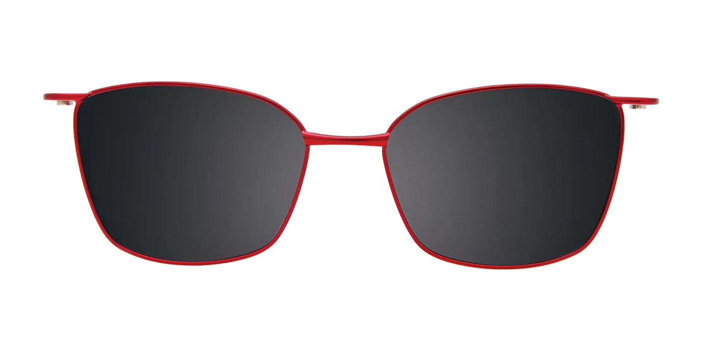 EasyClip EC604 Eyeglasses with Clip-on Sunglasses in size 50, featuring red frames and dark lenses against a white background.