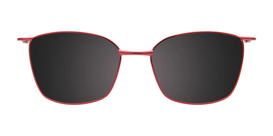 The EasyClip EC604 Eyeglasses with Clip-on Sunglasses in size 50 feature a red frame and black lenses, showcasing a sleek clip-on design, viewed from the front against a white background.