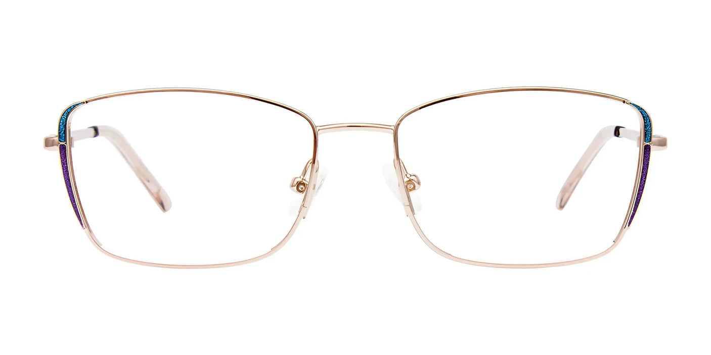 The EasyClip EC607 Eyeglasses with Clip-on Sunglasses, available in size 50, exhibit a gold wire-rimmed rectangular design on a clean white backdrop and include an EasyClip system that effortlessly converts them into polarized sunglasses.