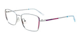 EasyClip EC607 eyeglasses in a shiny light blue frame with sparkling purple and pink accents feature rectangular lenses and clear nose pads. Designed for versatility, they easily transform into polarized sunglasses with EasyClip clip-on functionality.