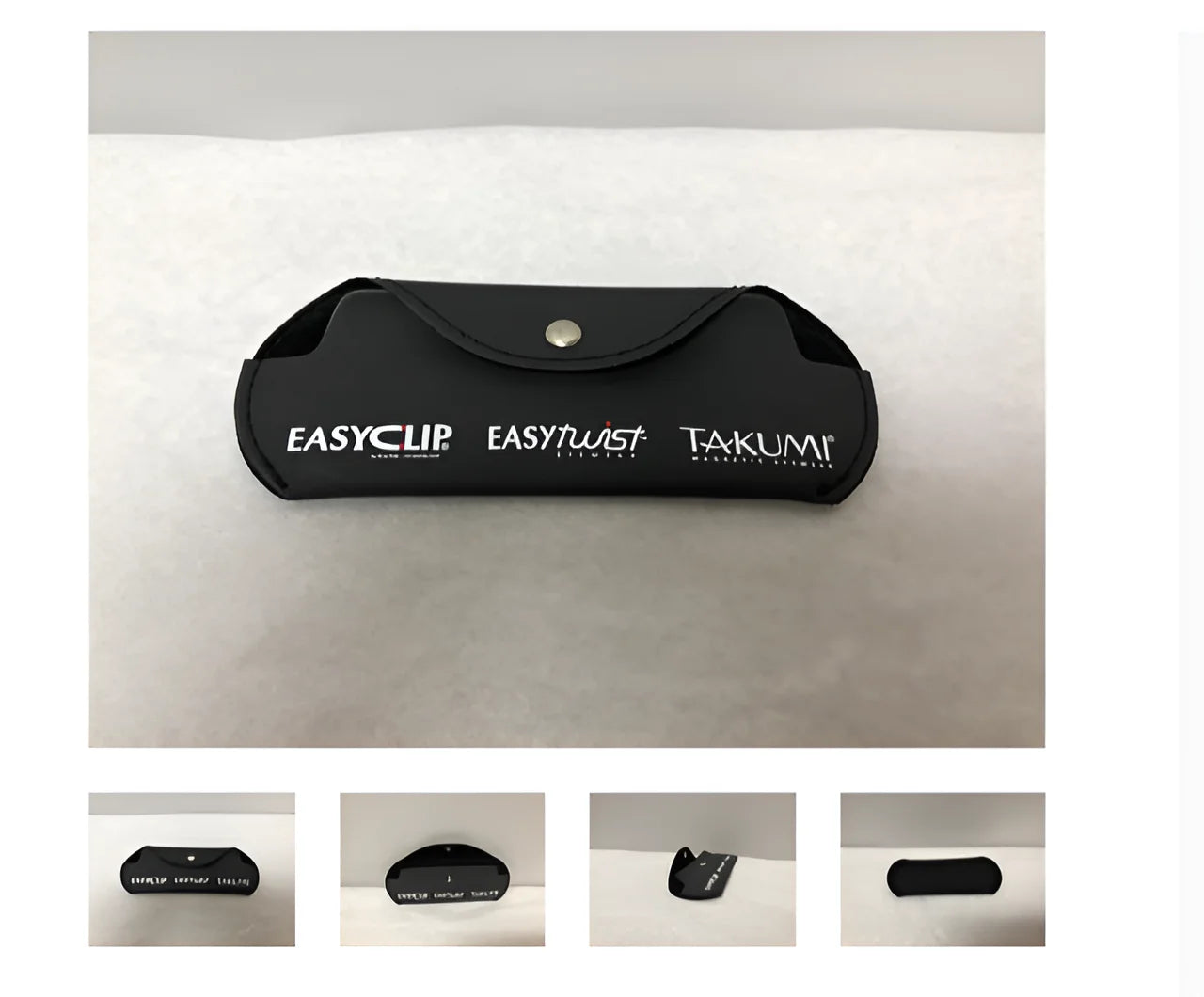 Black Easyclip snapping case for magnetic clip-on sunglasses, branded with the EASYCLIP logo. Designed for secure protection, this case features smaller images showcasing different angles.