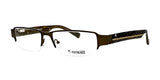 The Fatheadz ASPECT Eyeglasses in Size 60 are brown and black rectangular half-rim frames that showcase a unique "Fatheadz" logo on the lens. These wide-frame glasses include adjustable nose pads for enhanced comfort and style.