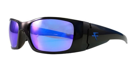 The Fatheadz BLACK NITRO Sunglasses in size 66 feature blue mirrored lenses and a stylish blue logo on the side of the black frame, providing complete UV protection.