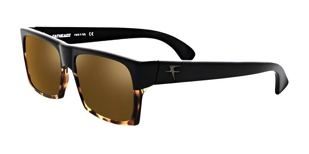 The Fatheadz BRAIN FADE Sunglasses | Size 56 feature a square full-rim design with black and tortoiseshell frames, brown lenses, and a logo on the temples.