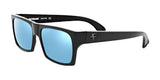 The Fatheadz BRAIN FADE Sunglasses in Size 56 offer a quirky design with black square full-rim frames, blue lenses, and a discreet logo on the temple.