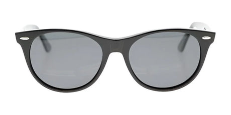 The Fatheadz BURST sunglasses, featuring a black wayfarer-style design and polarized lenses, elegantly rest on a white background, providing both style and optimal eye protection.