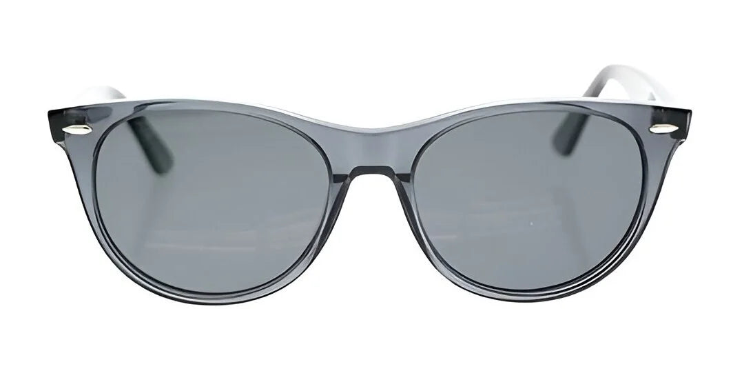 Introducing the Fatheadz BURST Sunglasses by Fatheadz: these gray sunglasses feature round polarized lenses and a sleek frame, viewed from the front.