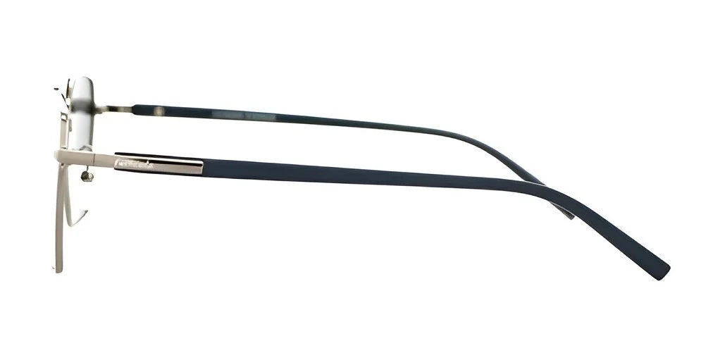 A side view of the slender Fatheadz CATYWAMPUS Sunglasses | Size 58, featuring metal frames and dark-colored arms, combines a stylish design with UV protection.