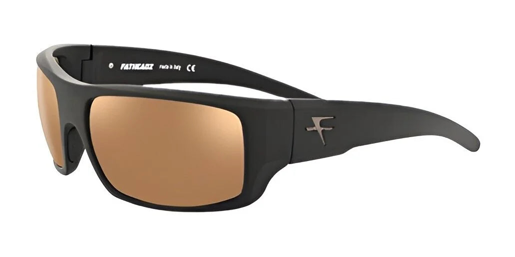 Fatheadz CHECKED OUT Sunglasses, by Fatheadz, feature black frames with polarized brown lenses and a distinctive logo on the temple, providing excellent UV protection.