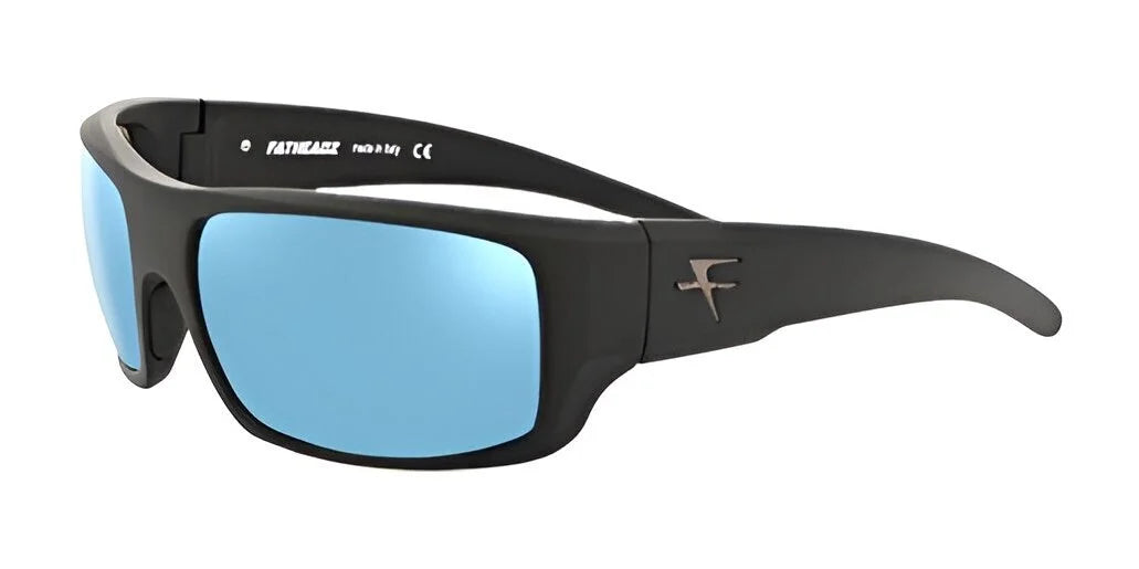 The Fatheadz CHECKED OUT Sunglasses, Size 67, feature blue mirrored, polarized lenses with UV protection and a small logo on the side.