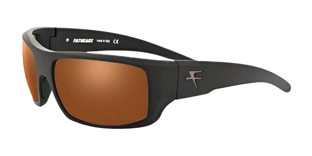 The Fatheadz CHECKED OUT Sunglasses in size 67 offer reliable UV protection with their black frames and polarized orange lenses, and they are accented with the brand's logo on the temple.