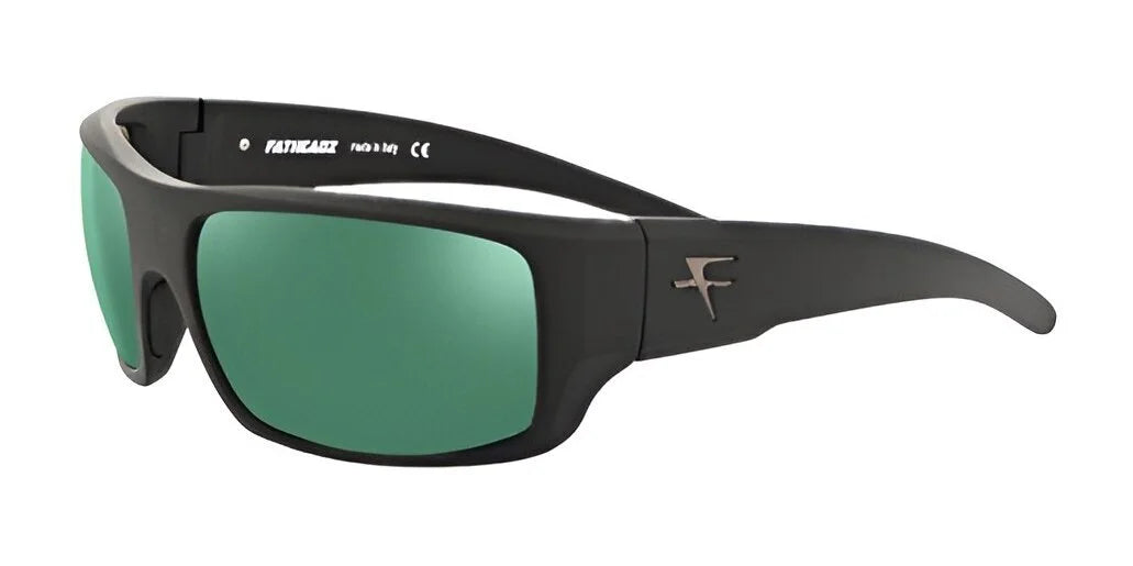 Fatheadz CHECKED OUT Sunglasses, size 67, feature a black frame with green polarized lenses and an "F" logo on the temple, providing exceptional UV protection.