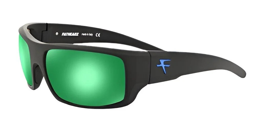 The Fatheadz CHECKED OUT Sunglasses in Size 67 boast green mirrored, polarized lenses for enhanced clarity and UV protection, complemented by a stylish blue logo on the side.