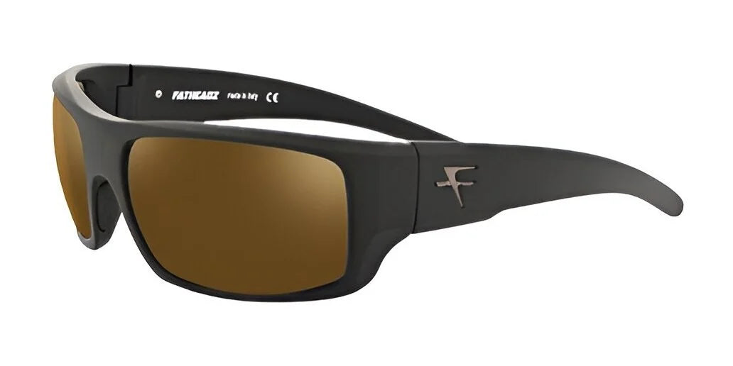 The Fatheadz CHECKED OUT sunglasses in size 67 feature polarized brown lenses with UV protection and a sleek silver logo on the side.