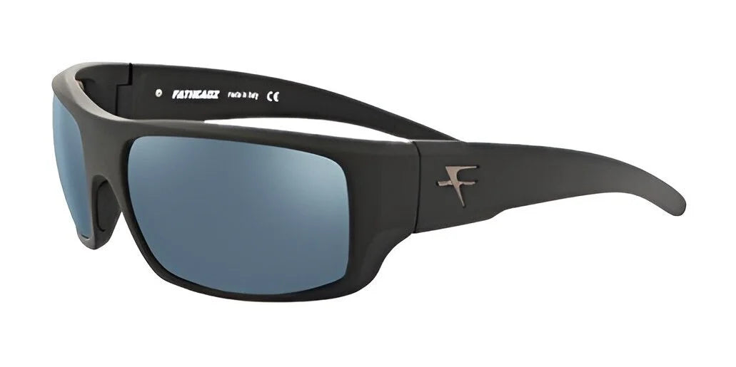 The Fatheadz CHECKED OUT Sunglasses in Size 67 combine a sleek design with polarized blue lenses and feature a silver logo on the temple, offering stylish UV protection.