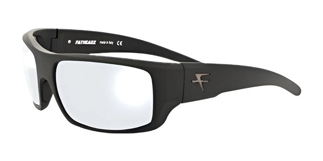 The Fatheadz CHECKED OUT Sunglasses in Size 67 boast a sleek matte black design, complete with polarized reflective lenses and a distinctive silver logo on the temples.