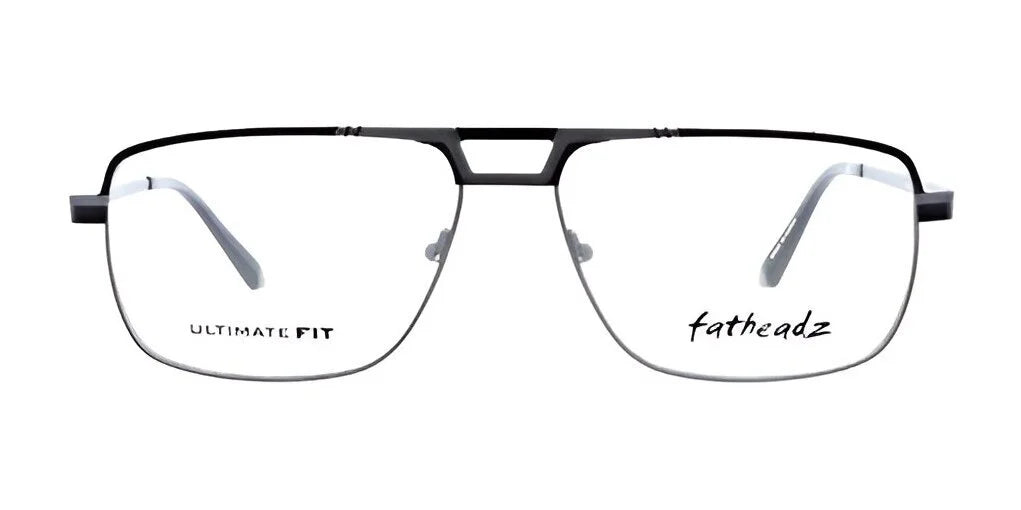 Rectangular eyeglasses with black frames featuring the "Ultimate Fit" and "Fatheadz COLLATERAL Eyeglasses | Size 60" etched on the lenses, designed with an oversized frame for a bold style statement by Fatheadz.